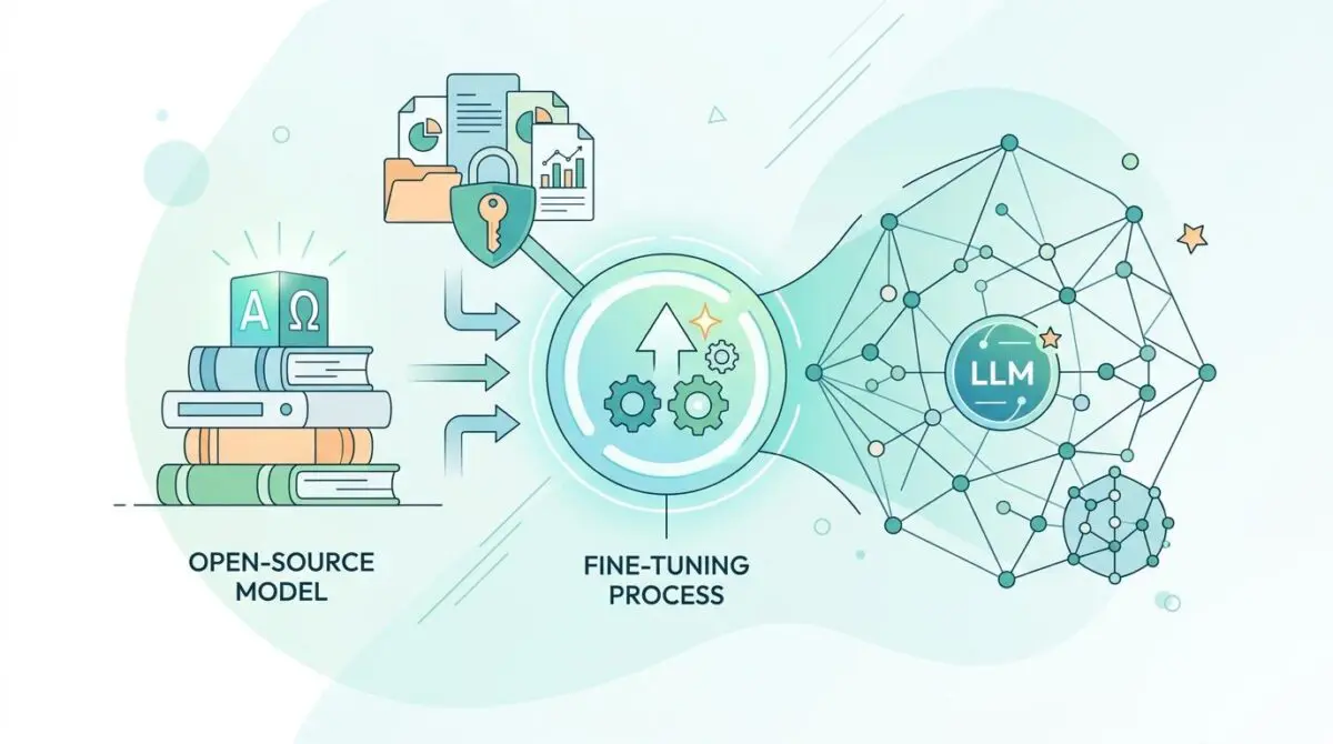 Diagram illustrating fine-tuning an open-source LLM on company data, showing data security and processing.