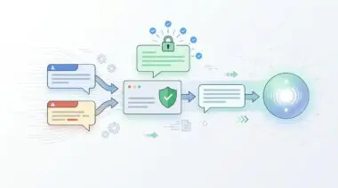 Illustration of a process showing input prompts being secured and processed to prevent prompt injection attacks.