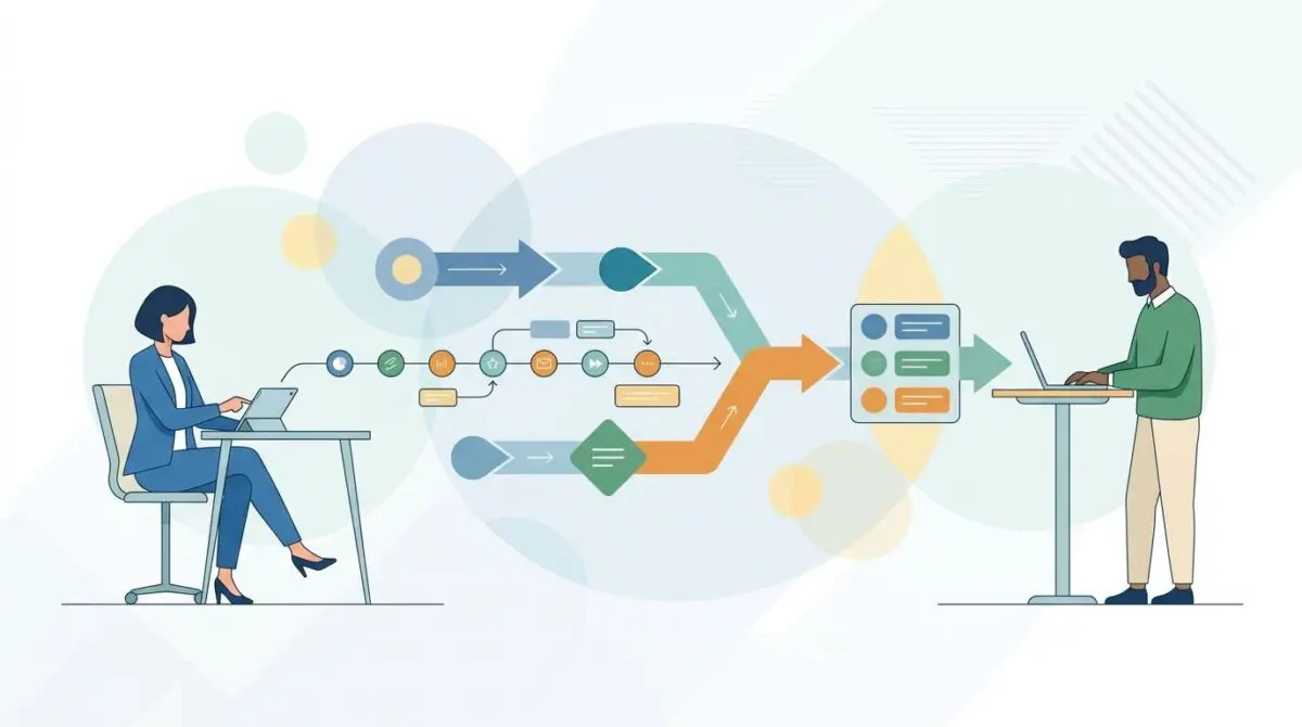 Two people interacting with digital workflows, illustrating guiding employees through complex digital work.