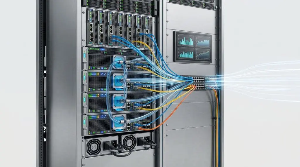 High-performance server rack with liquid cooling systems, glowing network cables, and monitoring displays.