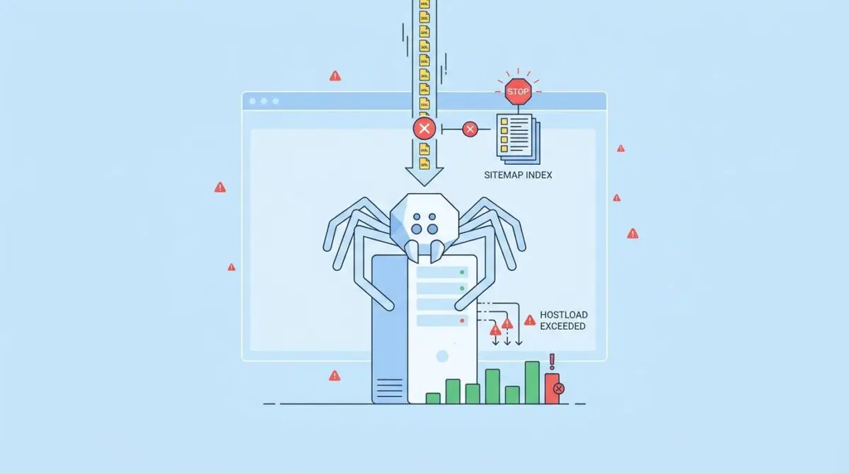 A spider bot representing Googlebot faces a STOP sign, indicating hostload exceeded errors preventing sitemap index file fetching.