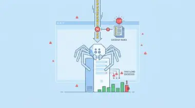 A spider bot representing Googlebot faces a STOP sign, indicating hostload exceeded errors preventing sitemap index file fetching.