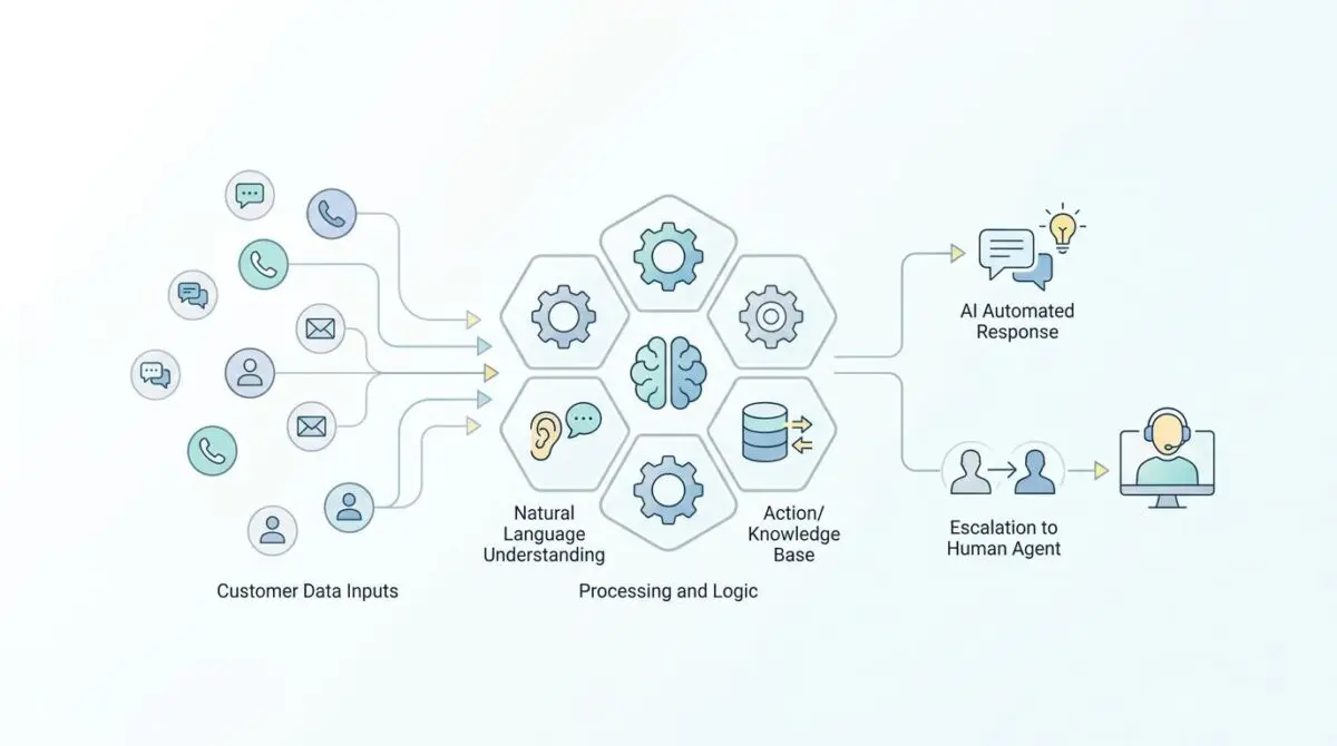 Diagram illustrating how to build an autonomous AI agent for customer service, showing data inputs, processing, and outputs.