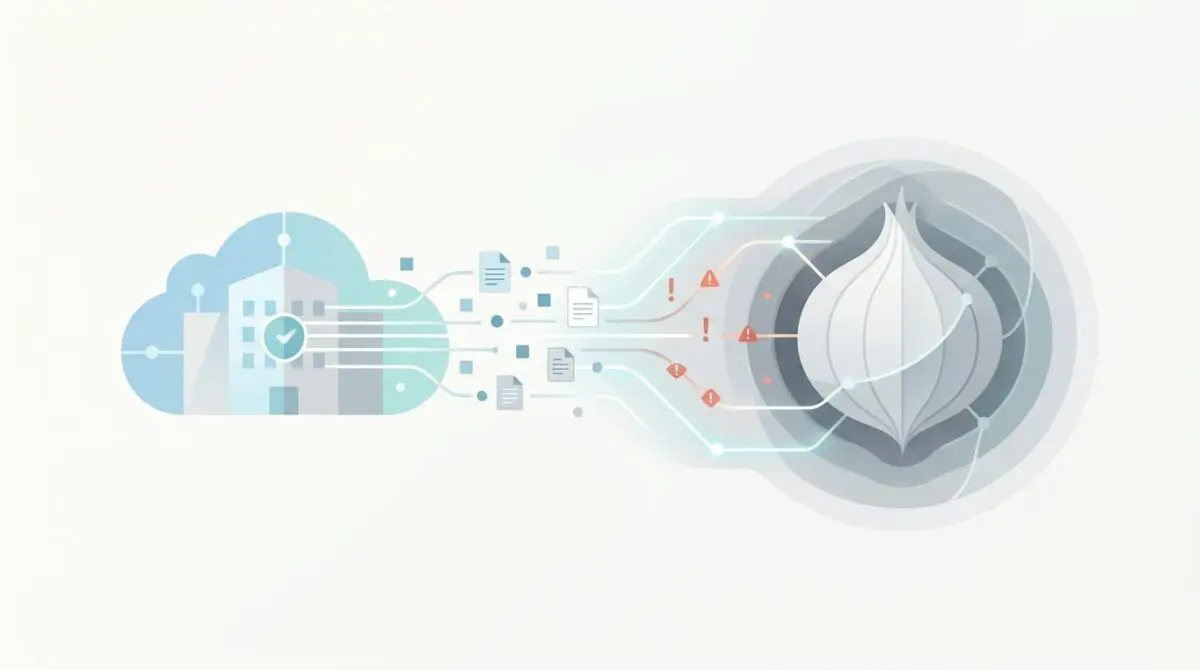 Abstract illustration showing data flow from a cloud-based company building to an onion-like dark web icon with alerts.