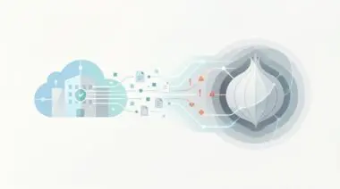 Abstract illustration showing data flow from a cloud-based company building to an onion-like dark web icon with alerts.
