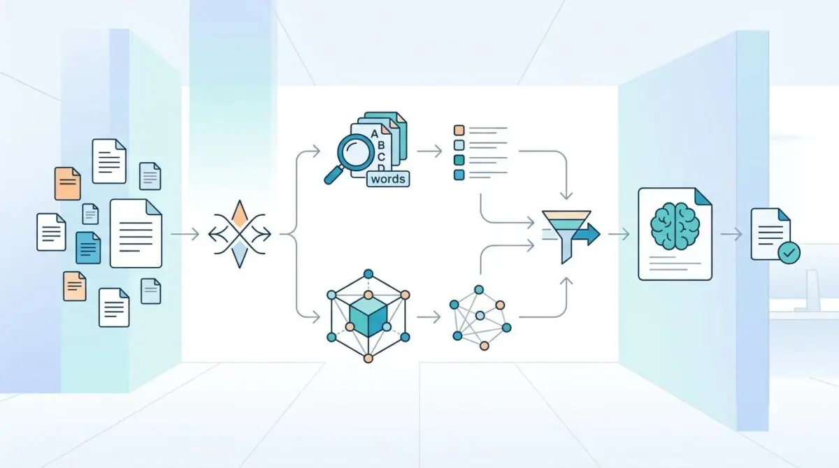 Diagram illustrating how to implement hybrid search in enterprise RAG applications with data processing.