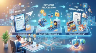 Woman using laptop to manage invoicing, payments, and taxes with FinTech apps for business.