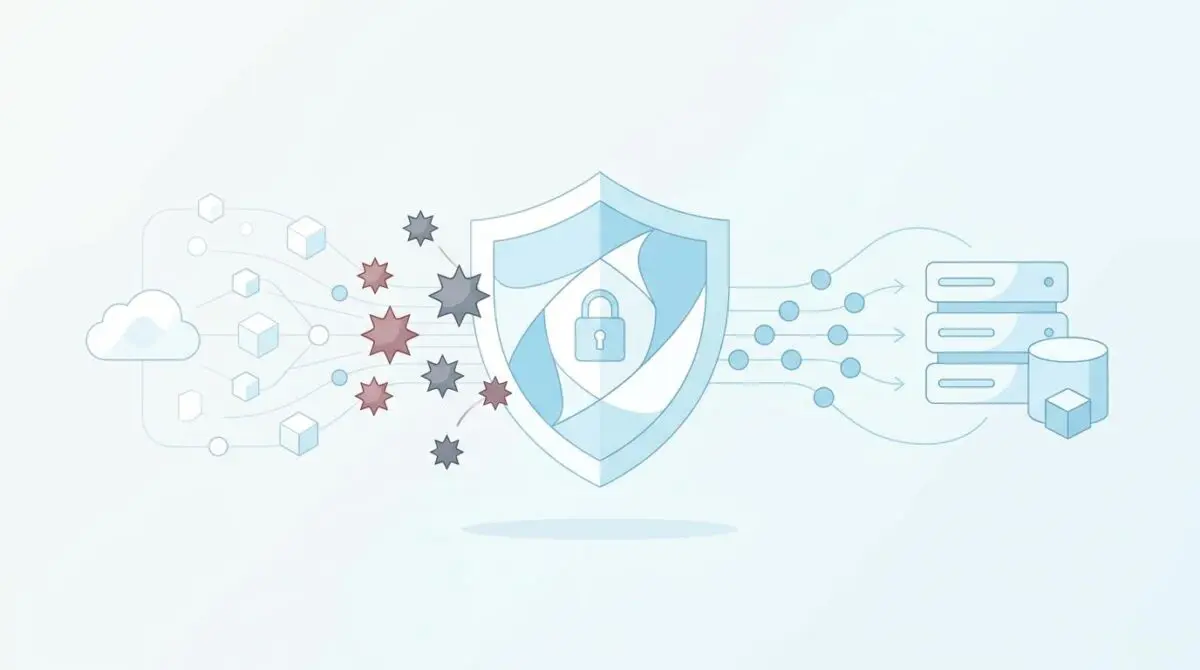 Shield with a lock icon protecting data flow from attack symbols to servers, illustrating how to protect APIs from attacks.