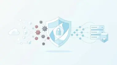 Shield with a lock icon protecting data flow from attack symbols to servers, illustrating how to protect APIs from attacks.