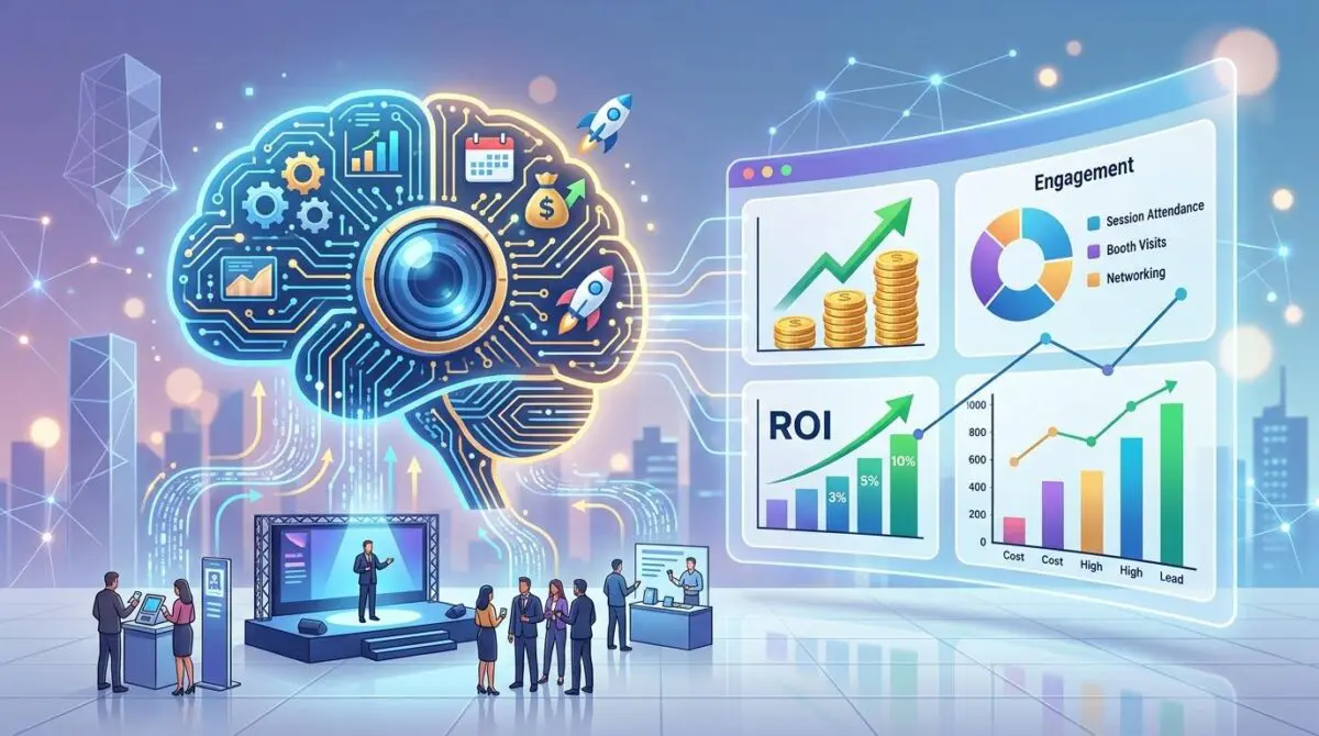 AI brain visualizing data dashboards for measuring event ROI with charts and analytics.