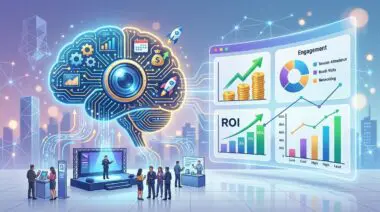 AI brain visualizing data dashboards for measuring event ROI with charts and analytics.