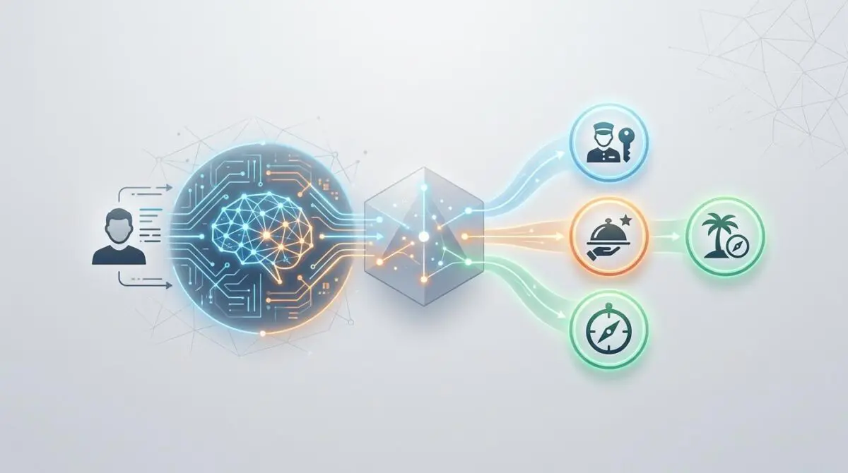 AI personalizes guest experience through data flow to hotel services, travel, and navigation icons.