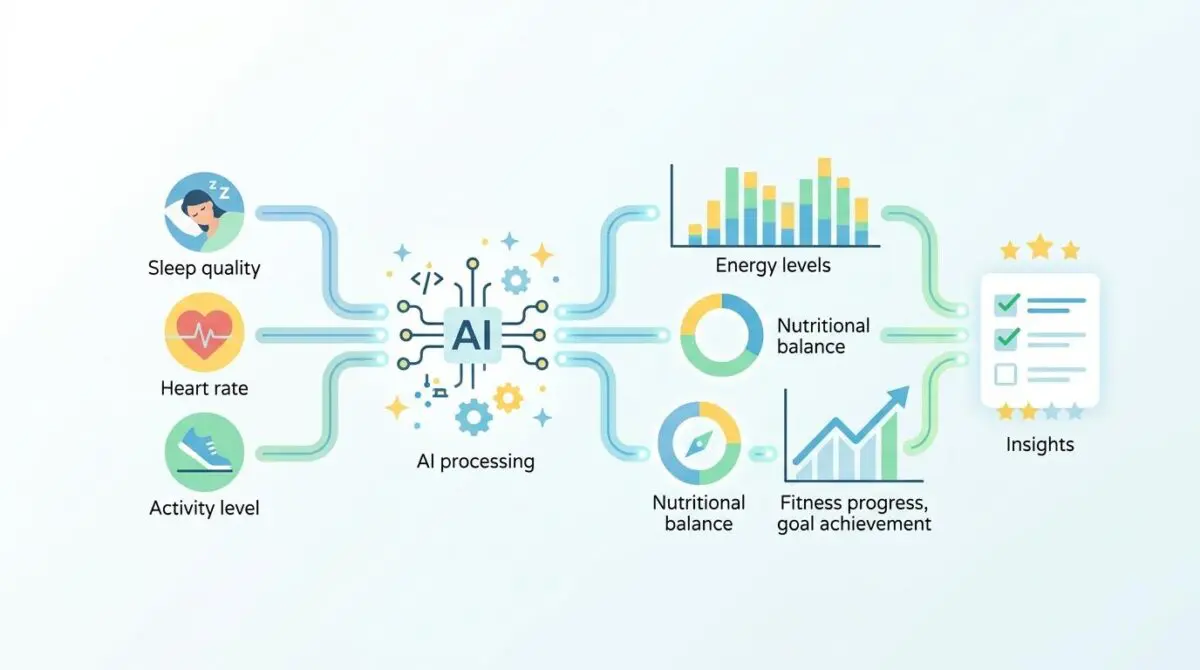 Visualizing how AI processes health data like sleep, heart rate, activity, and nutrition for fitness goal insights.