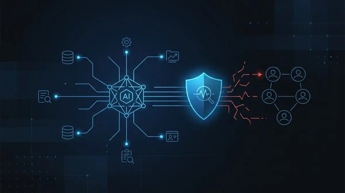 AI system protecting against internal theft and fraud, visualizing data security and threat detection.