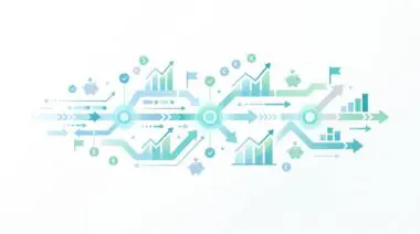 FinTech streams visualize reaching financial goals faster via charts, arrows, and currency symbols.