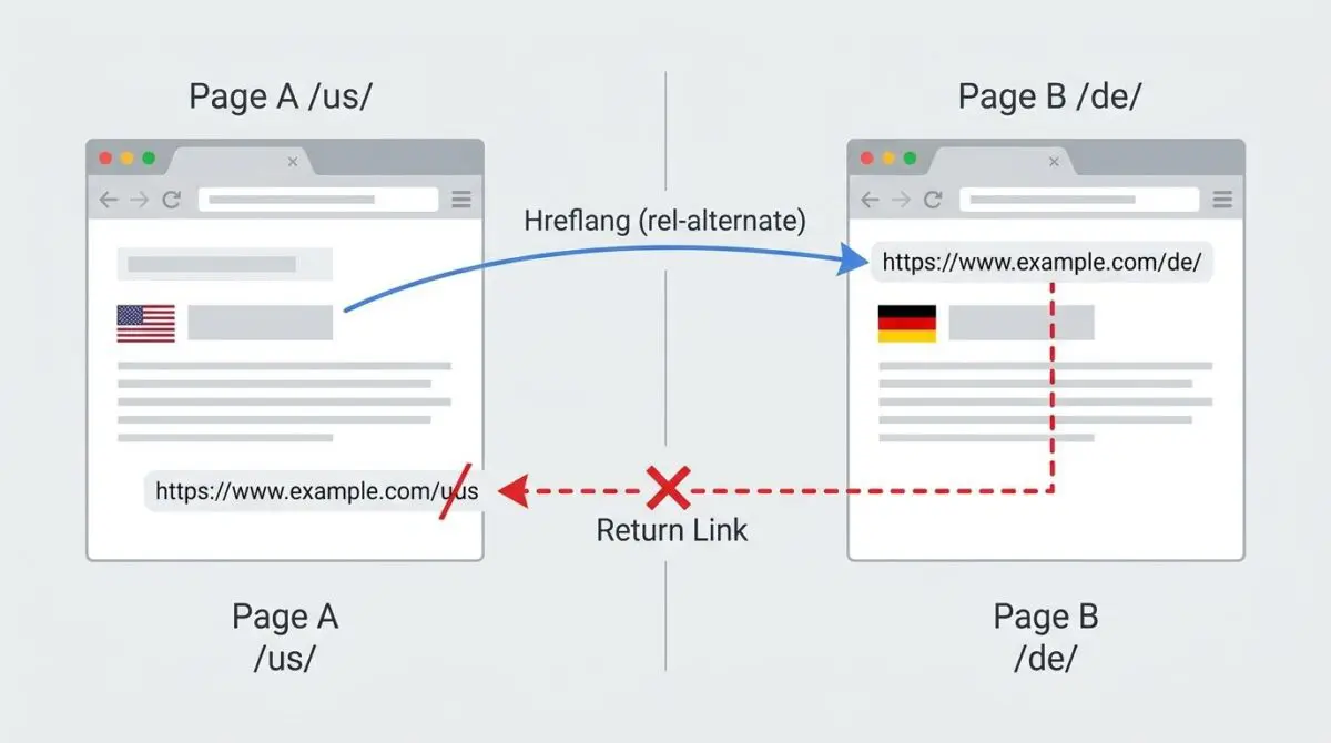 Hreflang return links missing error: Page A /us/ shows a mismatch with Page B /de/ due to a trailing slash issue.