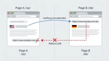 Hreflang return links missing error: Page A /us/ shows a mismatch with Page B /de/ due to a trailing slash issue.