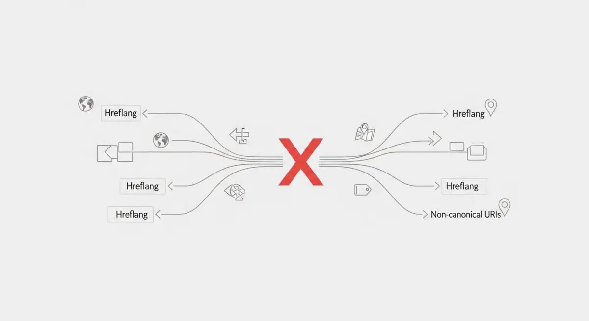 Red X symbolizes issues from Hreflang tags pointing to non-canonical URLs, causing indexing conflicts.