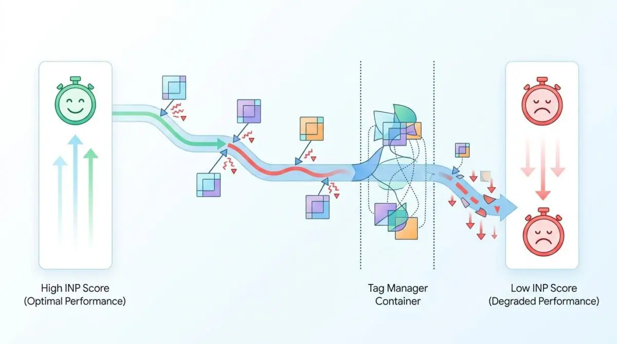 Graphic illustrating INP scores degrading after implementing a new tag manager container.