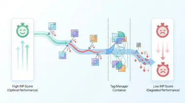 Graphic illustrating INP scores degrading after implementing a new tag manager container.