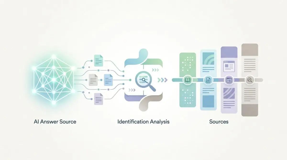 Diagram showing AI answer source data analysis to identify contributing pages for AI answers.