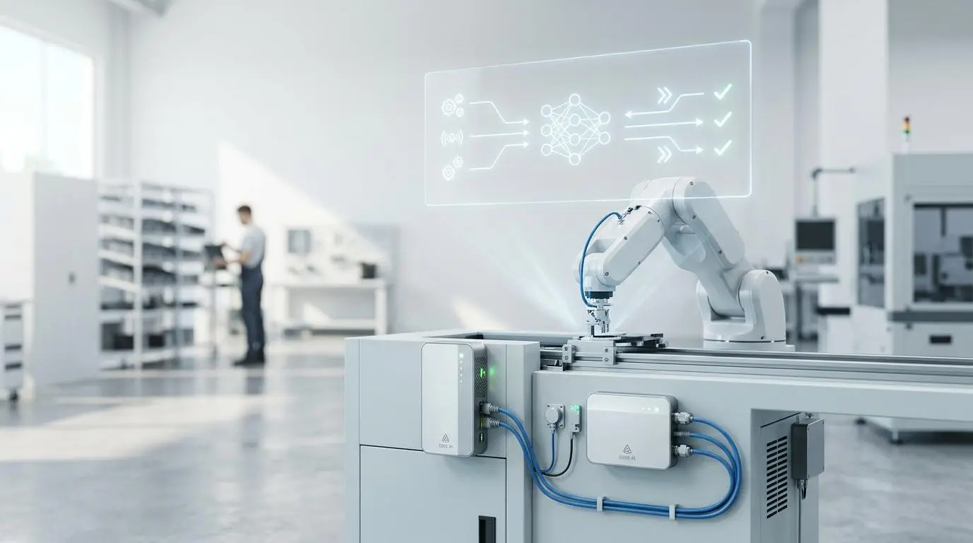 Robotic vision system calibrating instantly with AI, adapting to factory lighting changes.