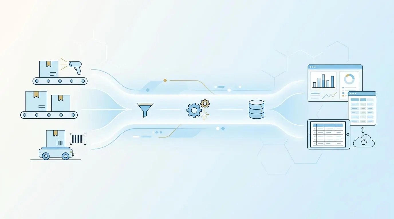 Conveyor belts with boxes and scanners feeding into a funnel, gears, and database for automated deployment.