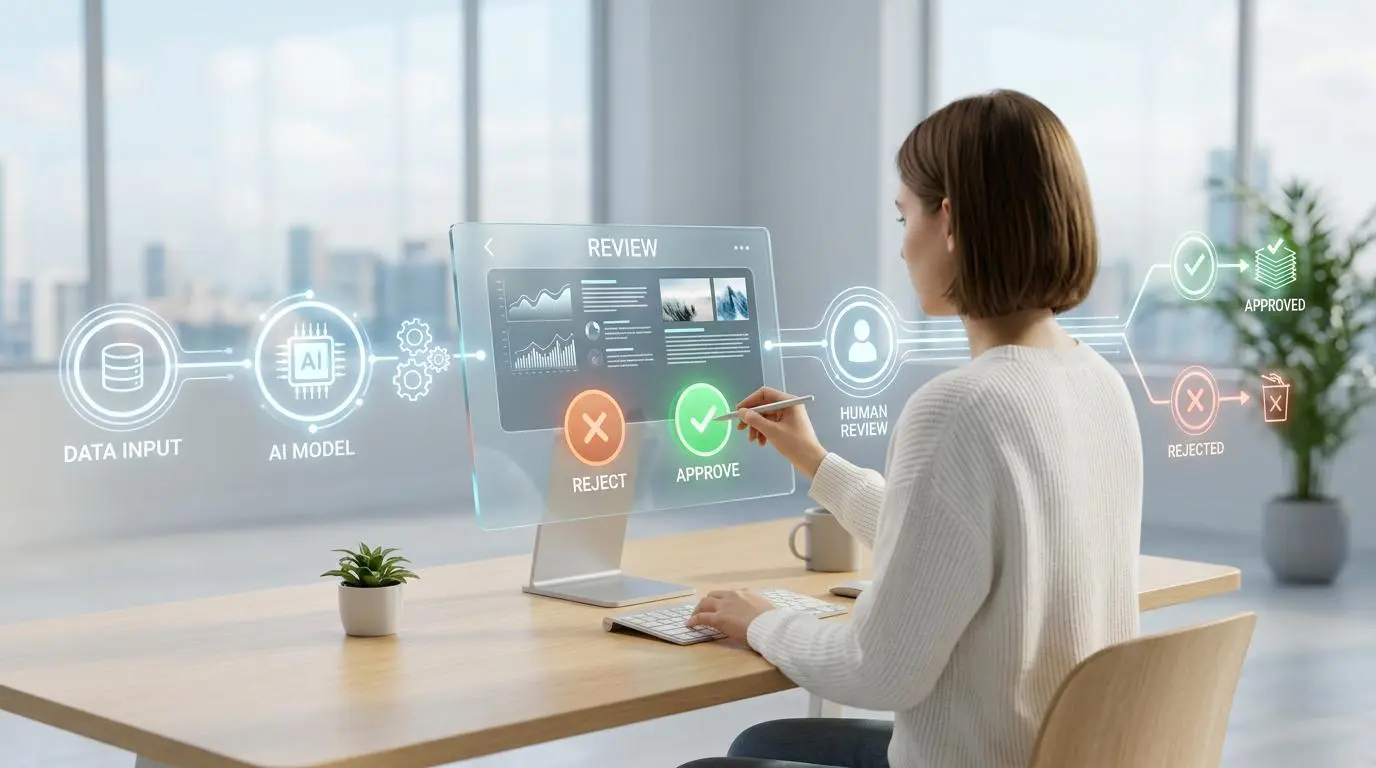 Person using AI for HR policy inquiry routing, showing data input, AI model, and review stages.
