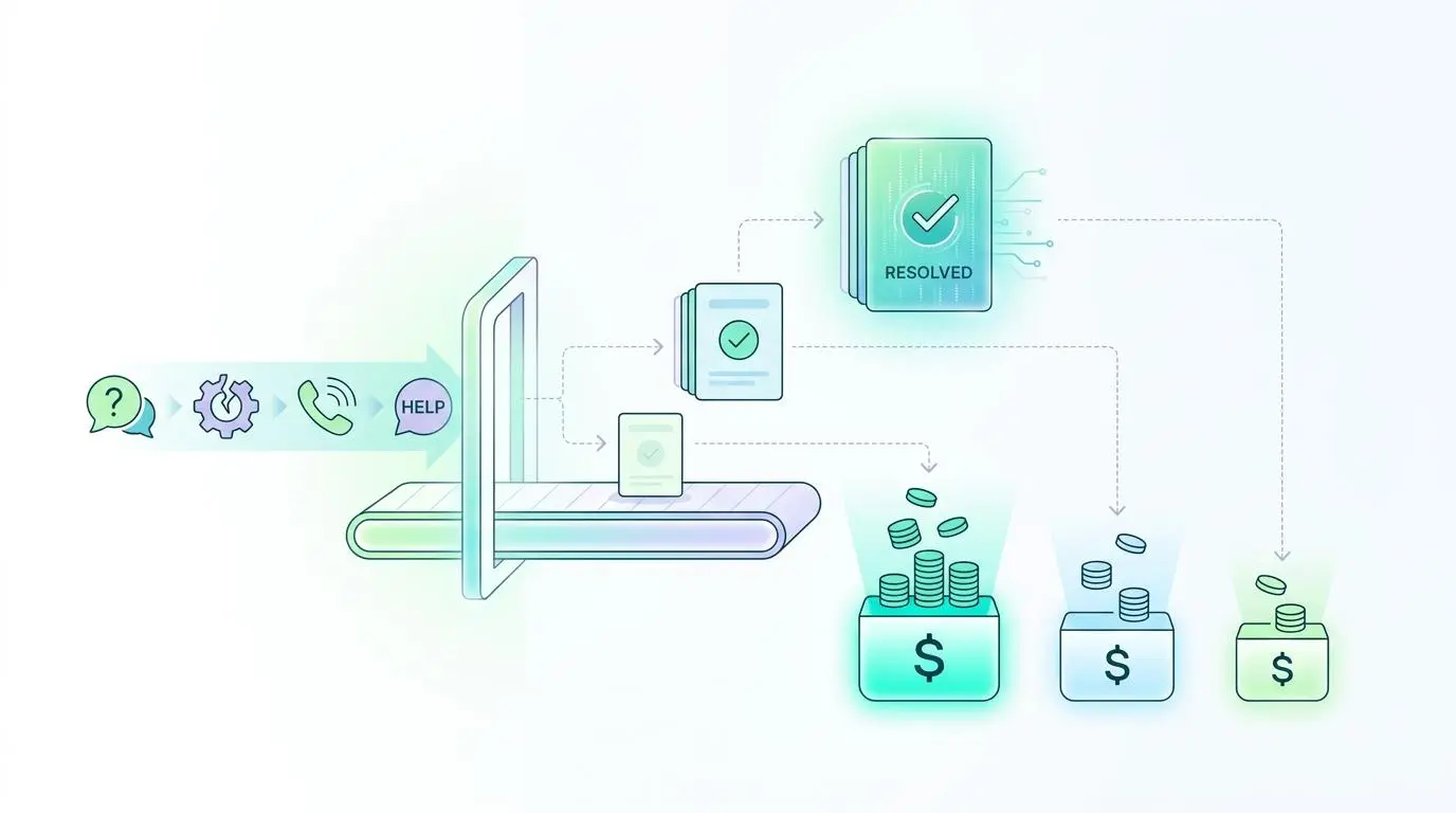AI-powered ticket routing sends help requests through a system to resolved status and financial gains.