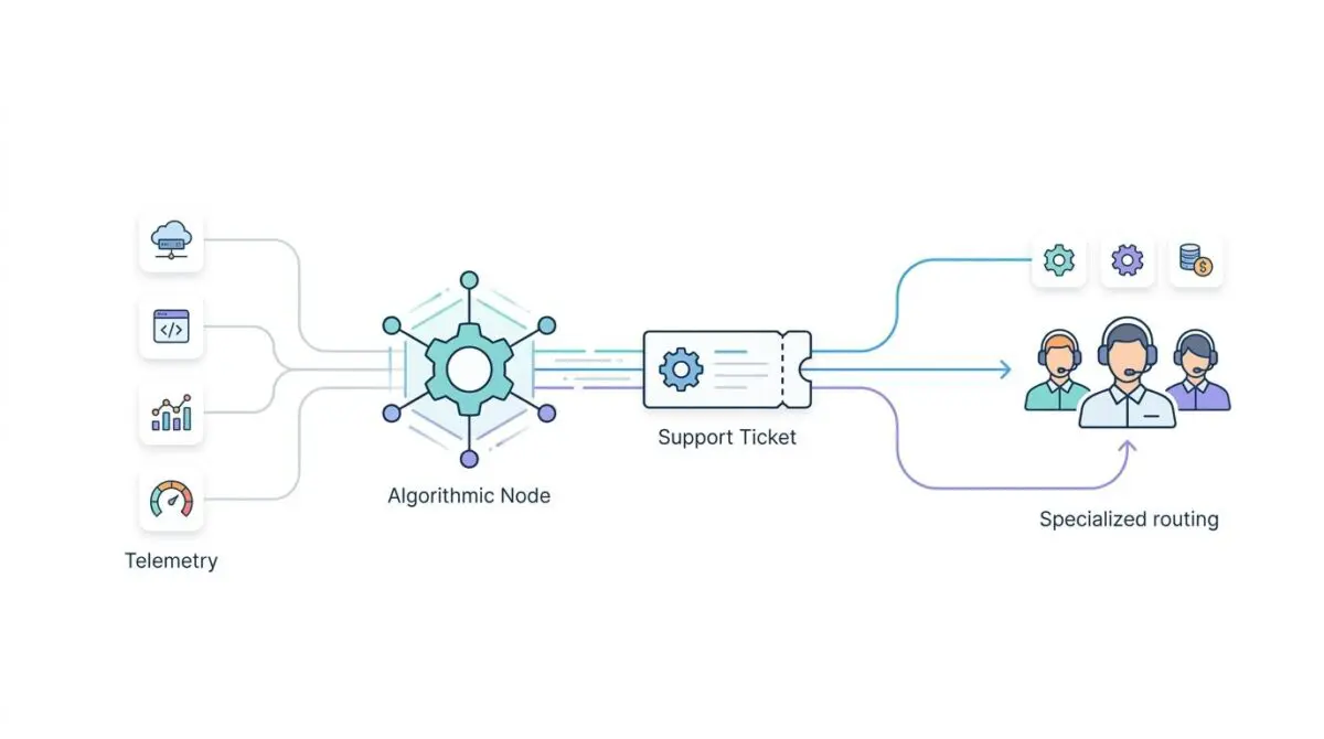 Algorithmic node processes telemetry for instant automated routing of support tickets to specialized engineering pods.