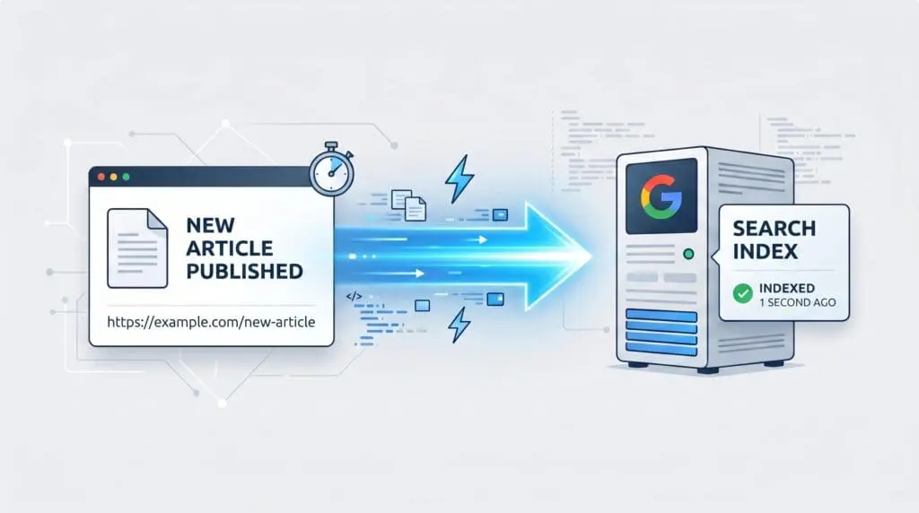 Illustration of a new article being indexed by a Google server in one second.