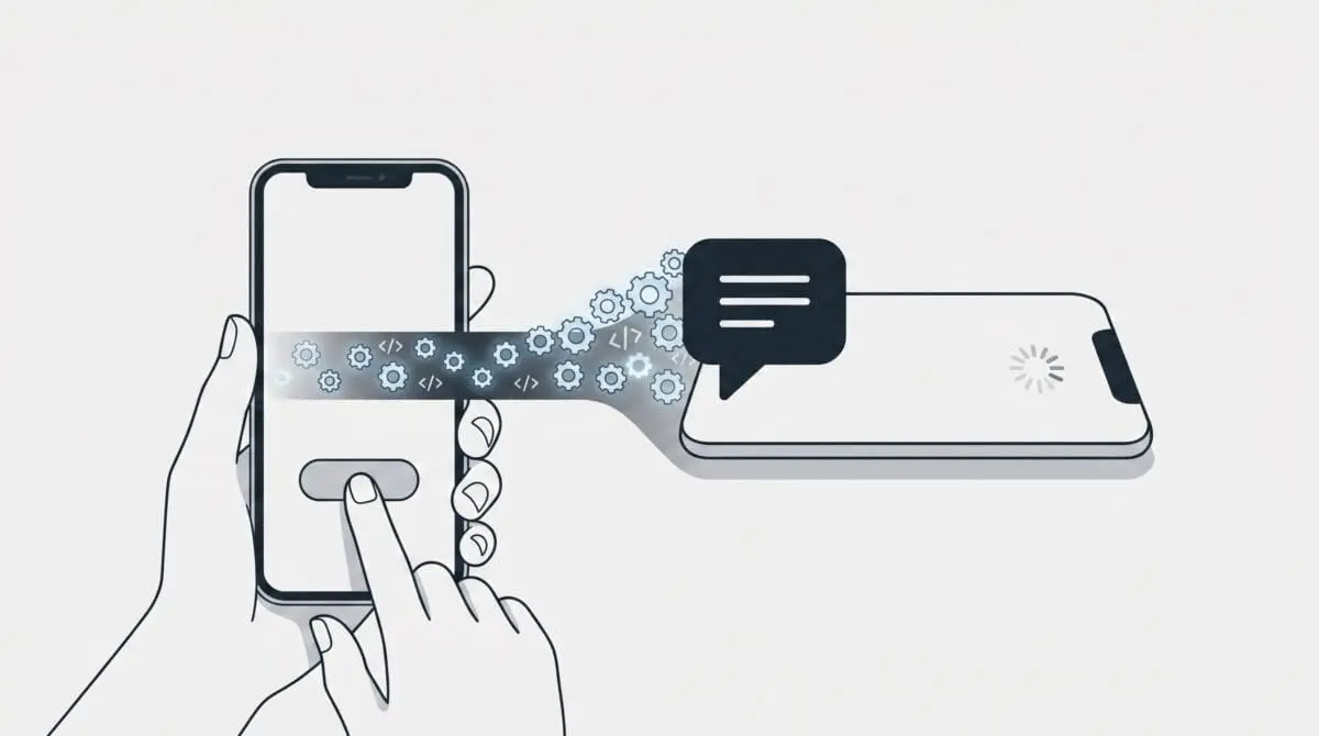 Conceptual diagram of Interaction to Next Paint failing on mobile due to a chat widget blocking the main thread.