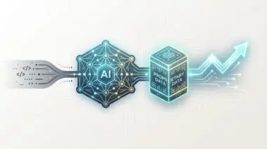 Is Data the Only Defensible Moat in the Age of AI? AI hexagon feeds proprietary data cube with upward growth arrow.