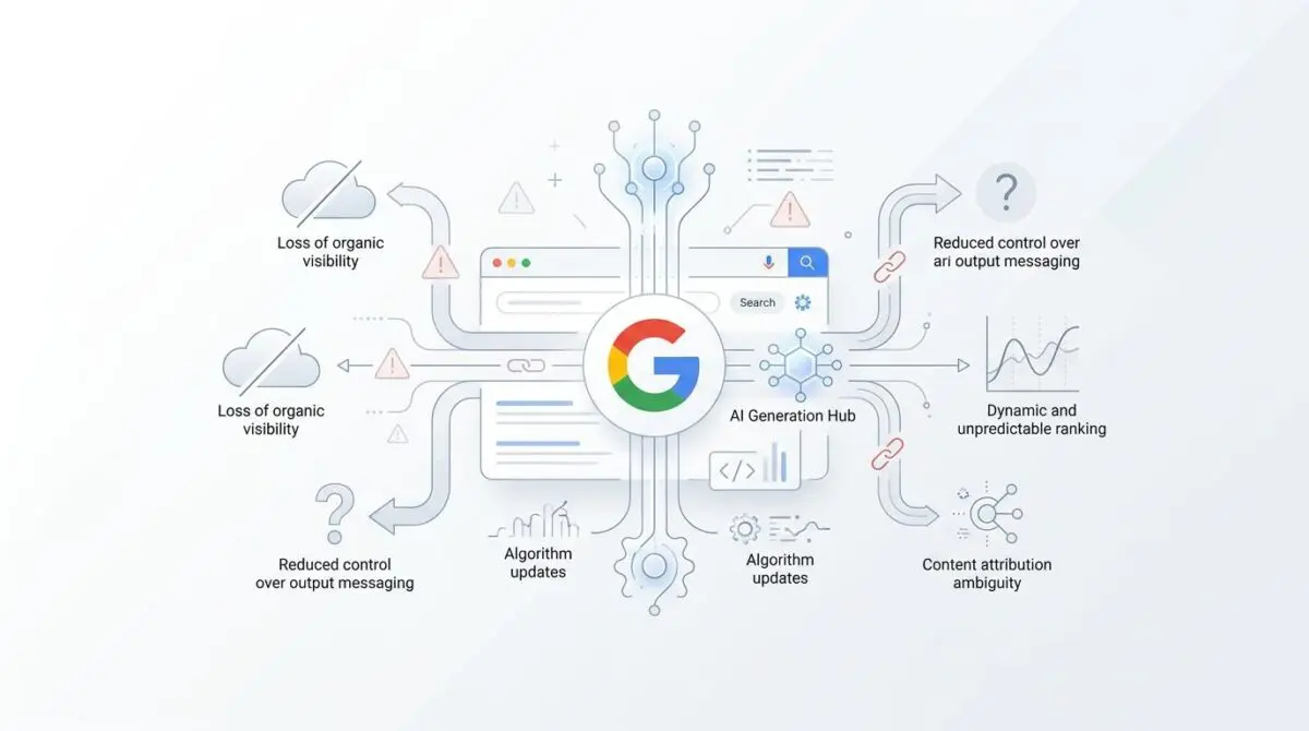 Diagram showing Google's AI Generation Hub and its potential risks, illustrating 'Is GEO Safe?' and avoiding risky tactics that trigger spam updates.