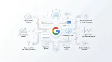 Diagram showing Google's AI Generation Hub and its potential risks, illustrating 'Is GEO Safe?' and avoiding risky tactics that trigger spam updates.