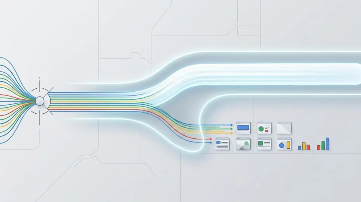 Abstract illustration of colorful data streams converging into AI search results and analytics charts, addressing 'Is SEO Dead?' By Andres SEO Expert.