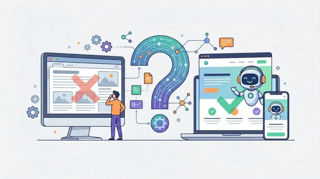 Illustration comparing an unoptimized website with an AI-agent-ready site featuring a friendly robot assistant.