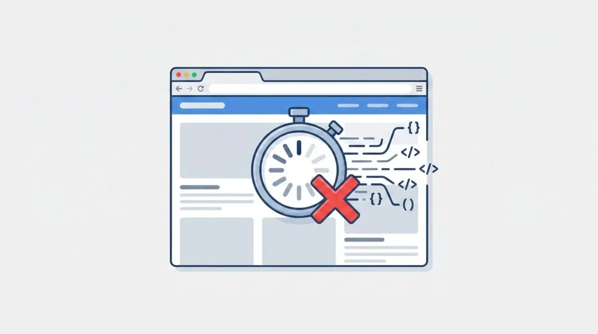 Illustration of a browser window with a stopwatch and a red X representing a JavaScript rendering timeout error.