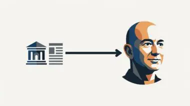 Stylized portrait of Jeff Bezos with an arrow pointing from a building and newspaper icon to him, symbolizing Jeff Bezos's ownership of The Washington Post.