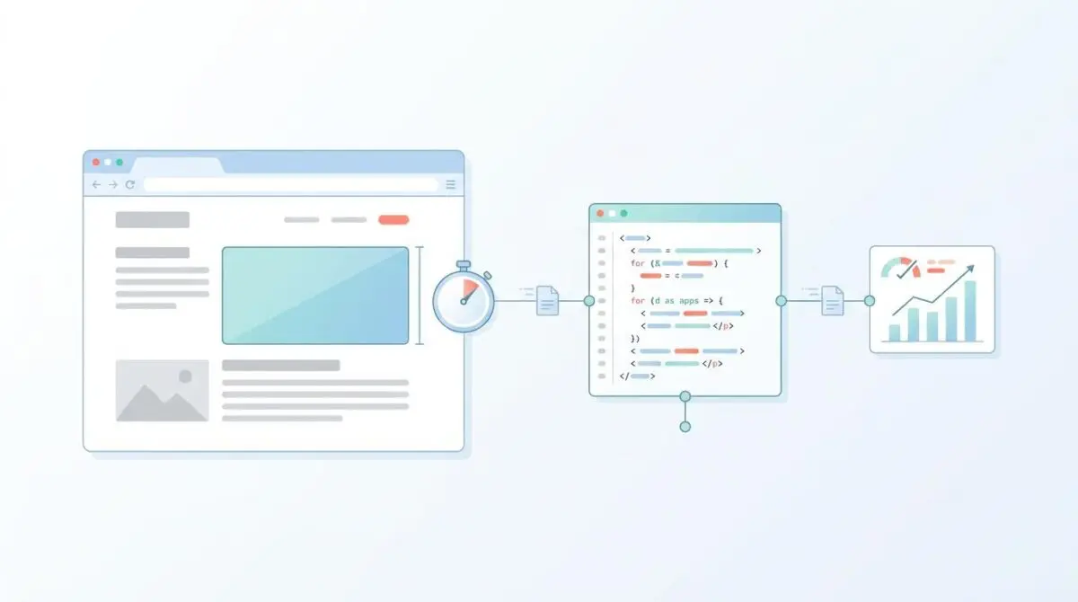 Client-side script delays LCP by hiding body; shows code, timer, and analytics.