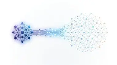 Abstract visualization of how LLMs retrieve and process web information through interconnected nodes and data flow.