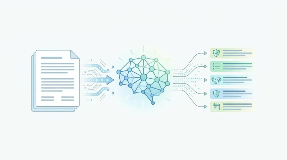 Illustrating the use of LLMs to automate legal contract review and redlining by processing documents and outputting key data.