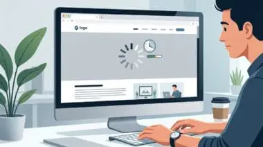An illustration shows a user waiting in front of a desktop monitor displaying a loading spinner and a clock where the main above-the-fold banner section should be, depicting a delayed web page loading experience.