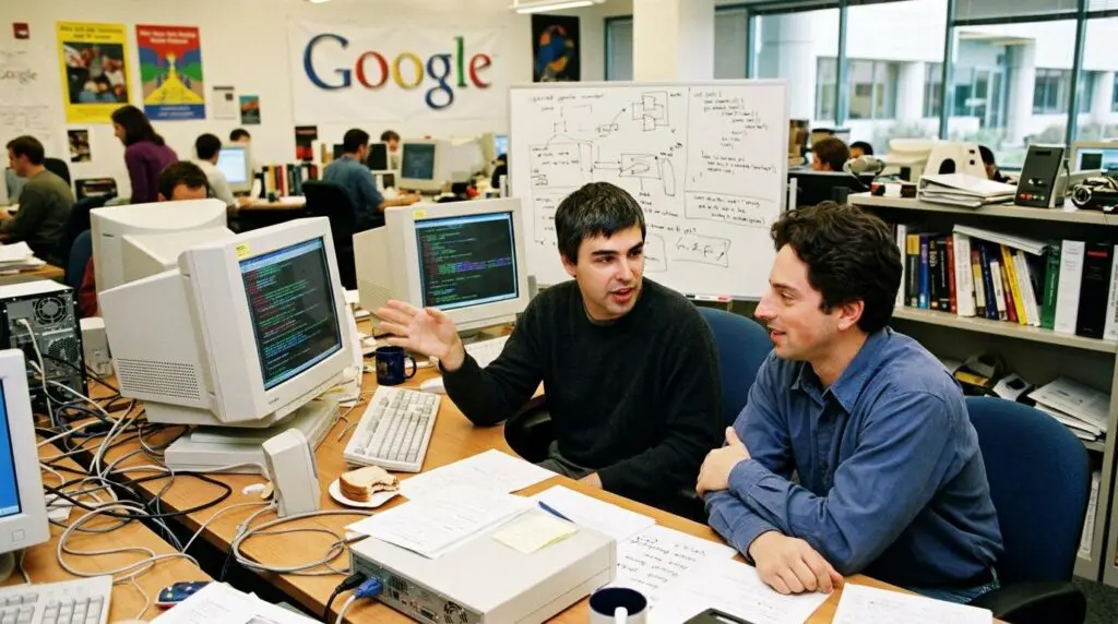 Larry Page and Sergey Brin, Google founders, collaborating in early Google office.