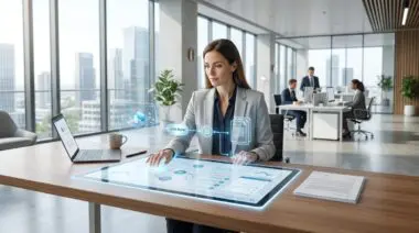 Woman using holographic interface to manage law firm case flow for efficiency. By Andres SEO Expert.