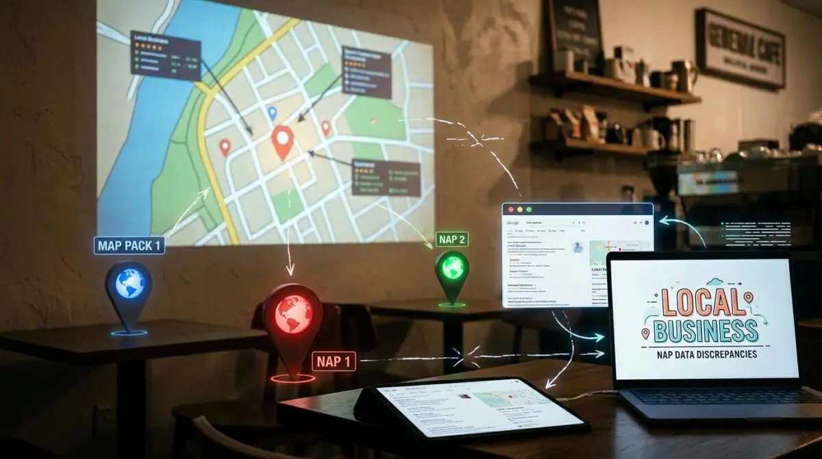 Visualizing LocalBusiness schema issues: NAP data discrepancies impacting map pack visibility.