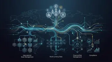 Diagram showing how to manage your finances across multiple currencies and countries with international asset management, multi-currency data, risk management, and compliance.