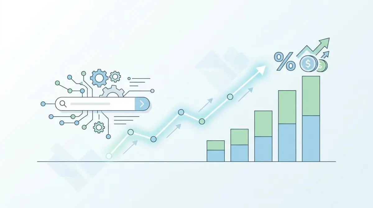 Conceptual graphic illustrating Generative Engine Optimization ROI with gears, search bar, and upward trending growth chart with currency symbols.