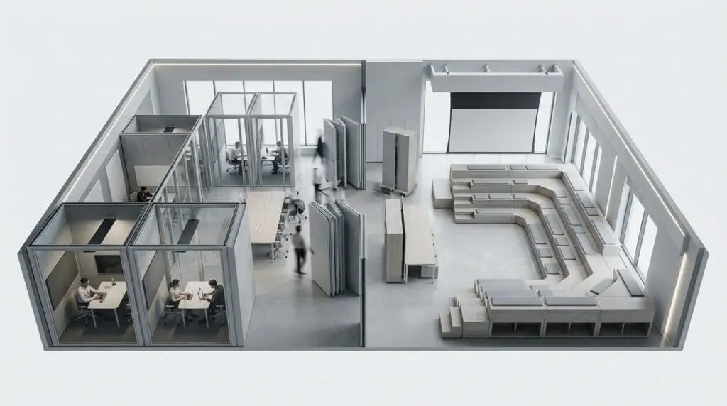Isometric 3D view of a modular smart office layout featuring soundproof pods, tiered seating, and flexible partitions.