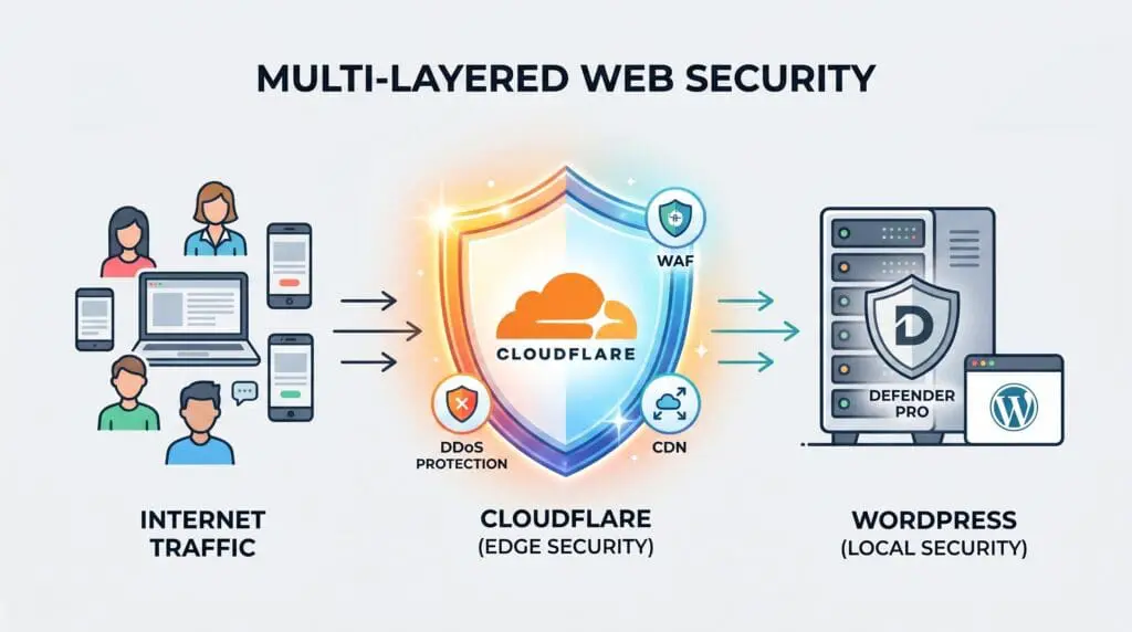 Infographic showing multi-layered web security with Cloudflare edge protection and Defender Pro for WordPress.